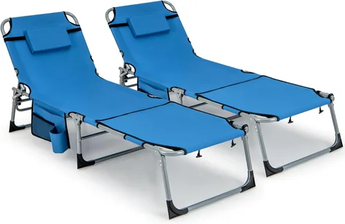 Miniatura 18 de Tangkula Sillón de playa, silla de bronceado plegable al aire libre con agujero para la cara/brazo, 2 asas de transporte, almohada, respaldo Azul
