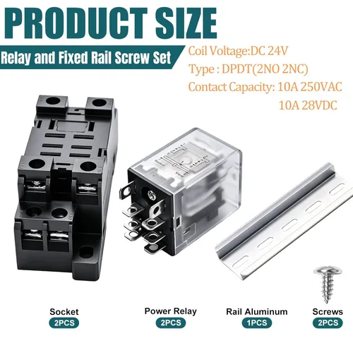 Miniatura 2 de mxuteuk 2 unidades JQX-13FL bobina DC 24V de 8 pines 10A DPDT relé de alimentación electromagnético con indicador LED, con base, con riel DIN