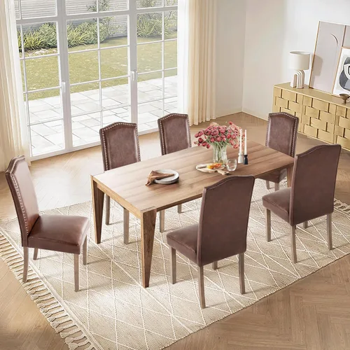 Miniatura 6 de Silla de comedor tapizada moderna y elegante Parsons con respaldo alto con ribete plateado de cabeza de clavo y patas de madera, juego de 4, piel