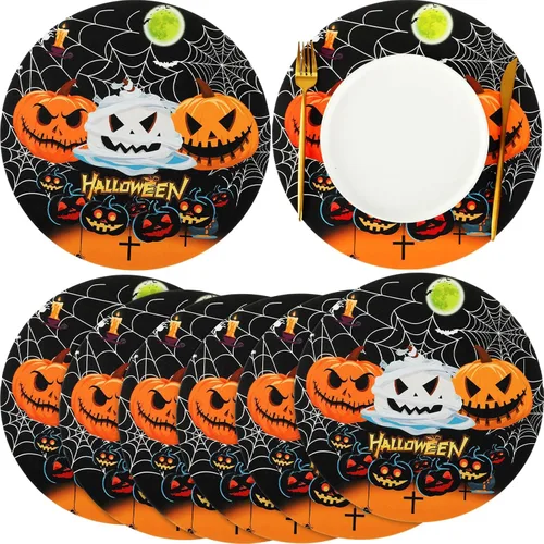 Juego de 6 manteles individuales redondos de calabaza de Halloween, lavables, de piel de calabaza, juego de 6 manteles individuales para fiesta de