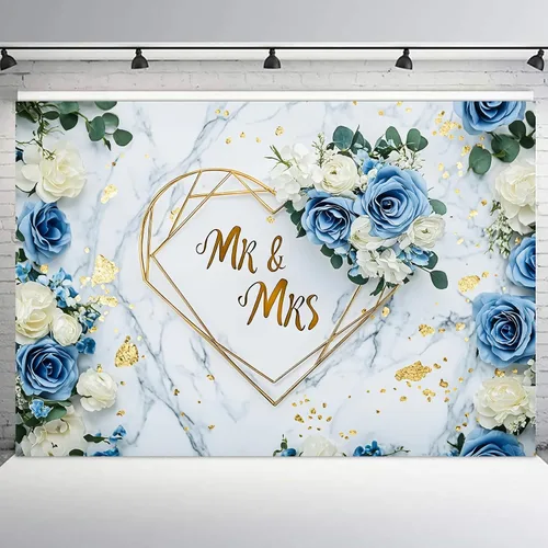 LB Telón de fondo de boda de señor y señora de 5 x 3 pies, diseño floral de rosa blanca y azul, para fotografía de pareja, boda, fiesta, pancarta,