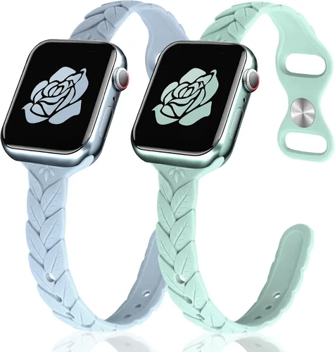 Miniatura 17 de JR.DM - Paquete de 2 bandas de silicona grabadas compatibles con Apple Watch de 38/40/41/42/44/45/46/49 mm, correa delgada y femenina de hoja