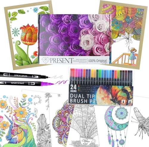 Libro para colorear para adultos con 24 marcadores de colores de doble punta, 12 páginas para colorear de alta calidad y 2 marcos de fotos de madera