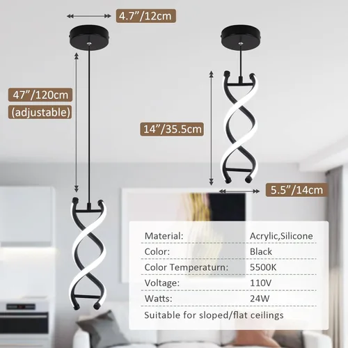 Miniatura 7 de CANEOE Lámpara colgante LED en espiral, lámpara colgante LED integrada moderna de 15W 6000K, altura ajustable, lámpara de techo negra para isla
