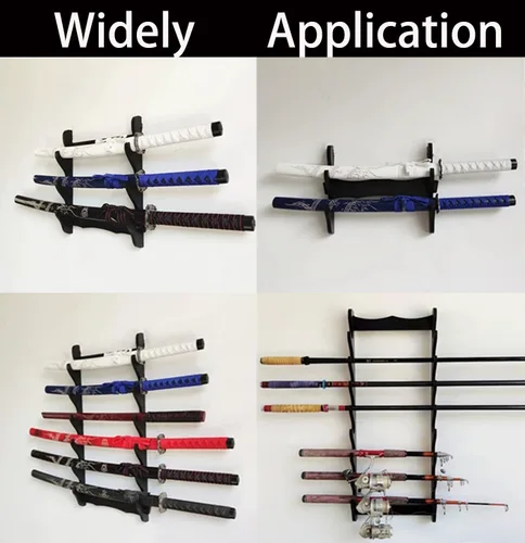 Miniatura 5 de Soporte de pared de espada de madera, 3 niveles Samurai Sword Display, Katana & Wakizashi Storage, Sword Flute Storage, Fishing Rod Storage