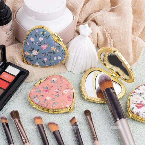 Miniatura 4 de AUEAR, Paquete de 4 pequeñas flores portátiles espejo de maquillaje retro floral doble cara monedero para viaje cosmético corazón