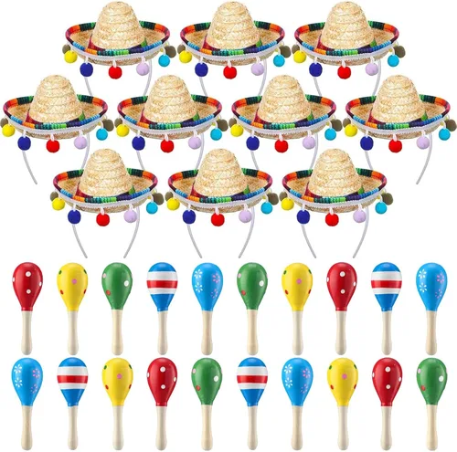 Jexine Juego de 30 piezas de fiesta de Cinco de Mayo, incluye 10 diademas mexicanas con sombrero y 20 maracas de madera, mini sombreros para