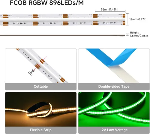 Miniatura 5 de SEZO RGBW COB LED Tira de luces RGB+blanco cálido 3000K 16.4FT/5M DC12V 896LEDs/m 0.472 in ancho FCOB RGBWW Flexible de alta densidad Uniforme Cinta
