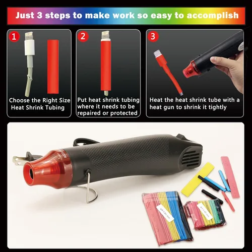 Miniatura 4 de Mini pistola de calor + kit de tubo termorretráctil, pistola de calor de 300 W y 392 °F para tubos retráctiles, envoltura retráctil, conectores