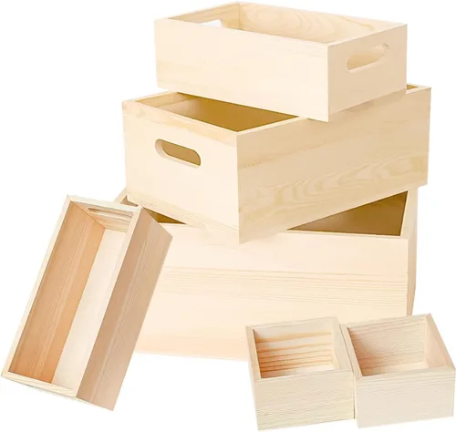 Paquete de 6 cajas de madera sin terminar, 5 tamaños, asas naturales, cajas de madera, organizador de almacenamiento, caja de manualidades, caja de