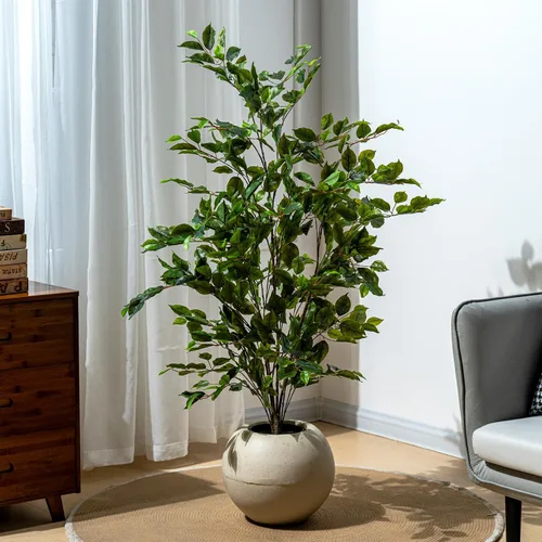 Bailikang - Árbol de ficus artificial de 4 pies para interiores, gran árbol falso en maceta con hojas de seda y tronco realistas para decoración de