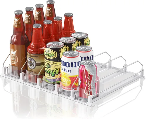 Miniatura 15 de Organizador de Bebidas para Refrigerador, 12oz 16oz 20oz - Dispensador de Latas de Refresco para Refrigerador, Ancho Ajustable, Deslizador Negro