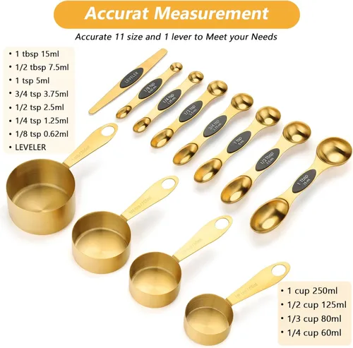Miniatura 2 de GuDoQi - Juego de cucharas y tazas medidoras magnéticas doradas de 12 piezas, 8 cucharas medidoras magnéticas de doble cara con nivelador, 4 tazas