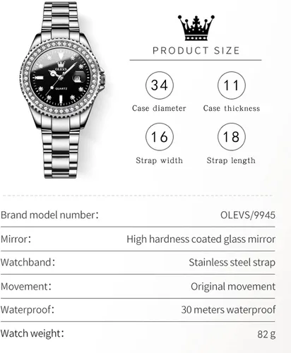 Miniatura 9 de OLEVS Reloj de pulsera para mujer, elegante, con diamantes, analógico, de cuarzo, de dos tonos, de acero inoxidable, impermeable, luminoso, regalo