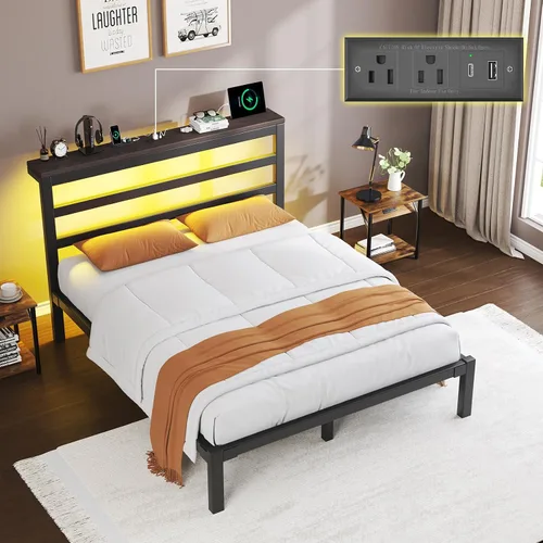 Miniatura 13 de E-Motie Marco de cama tamaño doble con cabecera de almacenamiento, plataforma industrial con estación de carga y luces LED, espacio