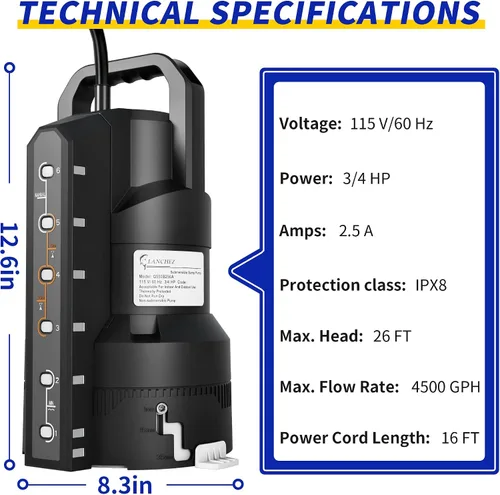 Miniatura 3 de LANCHEZ Bomba de sumidero automática de 3/4HP 4500GPH con 6 modos, bomba de agua sumergible limpia/sucia, bomba de transferencia de eliminación
