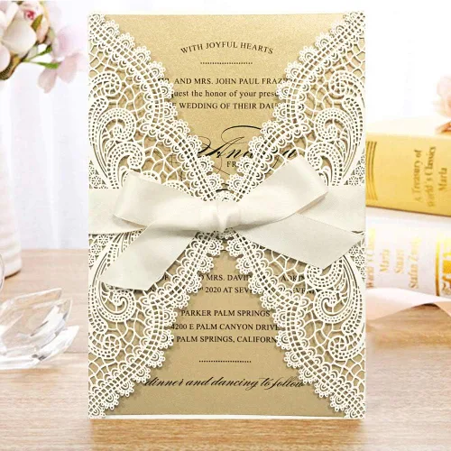 Miniatura 7 de 25 invitaciones de boda de 5 x 7 pulgadas con sobres, corte láser de encaje hueco con cintas elegantes, para boda, despedida de soltera, compromiso