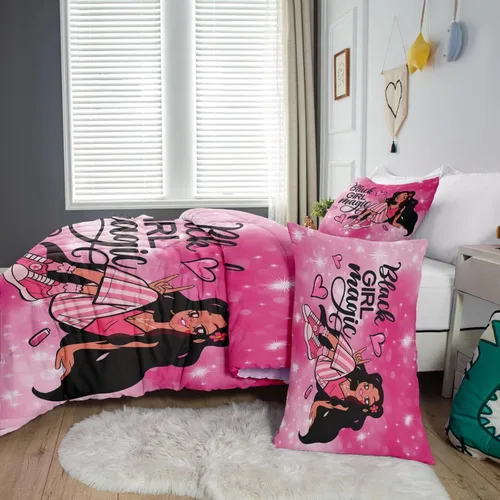 Miniatura 4 de Juego de edredón de niña negra tamaño individual para niños, juegos de ropa de cama mágica de niña negra, juego de edredón de princesa melanina