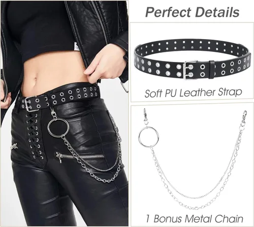 Miniatura 3 de SUOSDEY Cinturón de cuero con doble ojal con cadena desmontable para mujeres y hombres, cinturón negro punk con agujeros dobles tachonados para jeans