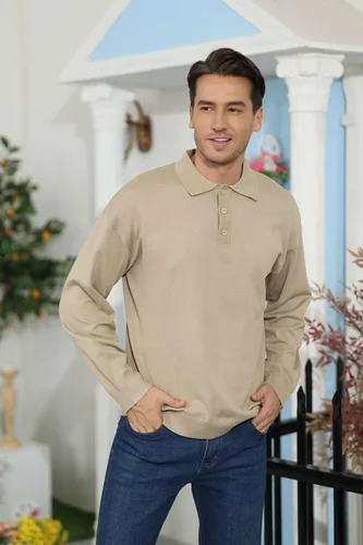 Miniatura 2 de Polo de punto casual para hombre, camisa clásica de manga larga, térmica, básica, con botones