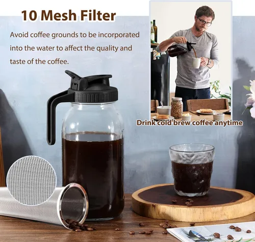 Miniatura 4 de Glyntrof Jarra de Café de Infusión Fría, Jarra de Vidrio de Boca Ancha de 64 Oz de Alta Resistencia en Negro con Válvula de Vaciado y Tapa de Acero