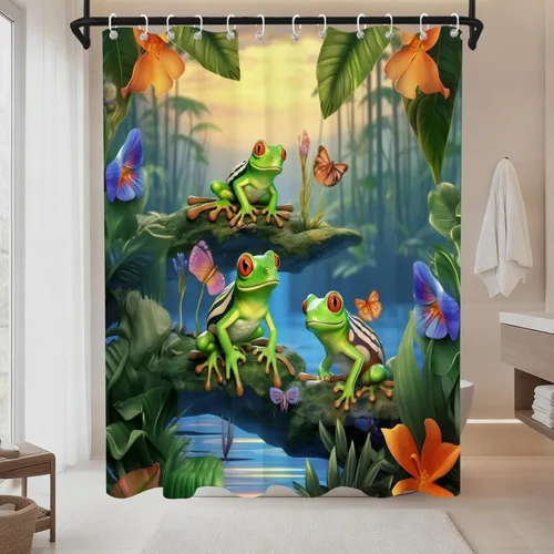 Floral Anime Kids Shower Curtain Cute Theme Funny Frog Bathroom Decor Set Machine Washable Waterproof Fabric 72 x 72 Include Hooks Colorful