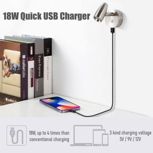 Miniatura 3 de Luz de lectura para RV de 12V, foco LED giratorio con cargador USB rápido y luz nocturna azul, luz de lectura para dormitorio de caravana/remolque