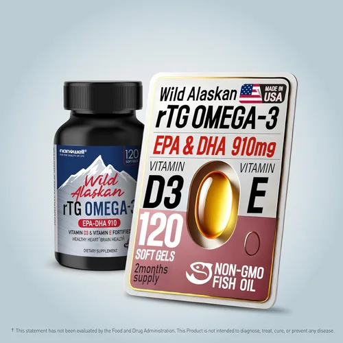 Miniatura 3 de NANOWELL Wild Alaskan rTG Omega-3 Aceite de pescado 1196mg - EPA, DHA, vitamina D3 y E - 120 cápsulas blandas x 3 botellas (360 unidades)