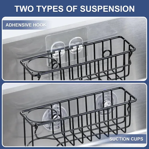 Miniatura 2 de Soporte de esponja 3 en 1 para fregadero de cocina, 2 opciones de suspensión (ventosas y gancho adhesivo), organizador de fregadero colgante