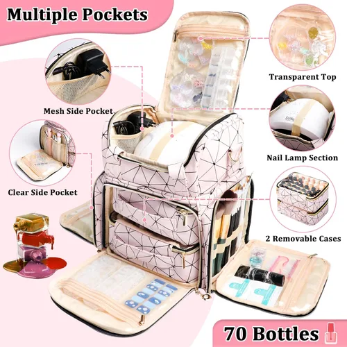 Miniatura 2 de Veirdro Bolsa organizadora de esmalte de uñas, almacenamiento de hombro de piel sintética con 2 fundas extraíbles y lámpara de uñas, capacidad