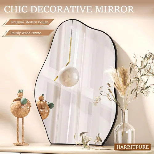 Miniatura 4 de HARRITPURE Espejo de baño irregular de 22 x 32 pulgadas, espejo de pared moderno negro con marco de madera, espejos decorativos asimétricos