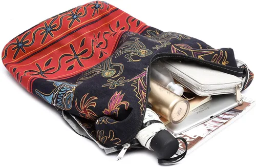 Miniatura 28 de Bolsa de hombro para mujer, de lona en estilo hippie/bohemio para llevar cruzada al hombro, disponible en diferentes colores y estampados