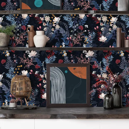Miniatura 6 de VEELIKE Papel tapiz botánico oscuro para despegar y pegar, papel tapiz floral negro para dormitorio, baño, sala de estar, 17.7 x 118 pulgadas, papel