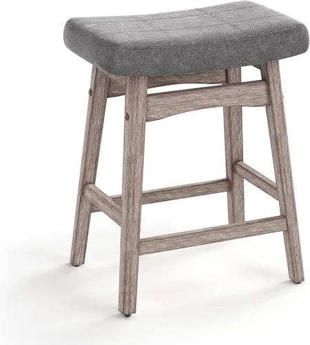 Miniatura 12 de MAISON ARTS Juego de 4 taburetes de bar grises para encimera de cocina, patas de madera maciza con asiento de silla de montar de piel sintética
