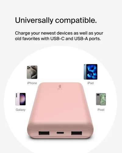 Miniatura 9 de Belkin Cargador portátil, banco de energía USB C de 20000 mAh con 1 puerto USB-C y 2 puertos USB-A, 15 W con cable tipo A a tipo C - iPhone 17, Air