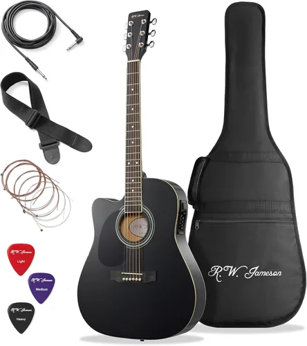 Miniatura 8 de Jameson Guitars - Guitarra eléctrica acústica de tamaño completo Thinline con funda y púas Natural para diestros