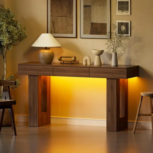 Miniatura 3 de PAKASEPT - Mesa de consola de 63 pulgadas con luces LED coloridas y 3 cajones, mesa de sofá rectangular de madera detrás del sofá, mesa de entrada