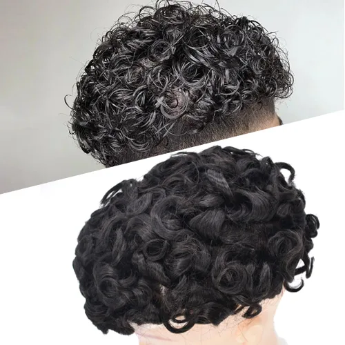 Miniatura 16 de Afro Toupee Hair Piece para hombres negros Encaje suizo completo Afro Hombres Toupee cabello humano rizado hombres onda unidades de cabello