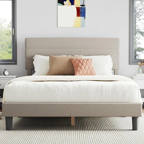 Novilla Base de cama tamaño Queen, base de cama tamaño Queen con soporte de listones de madera, cabecera con rayas tapizada en lino, no necesita