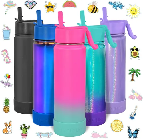 CHILLOUT LIFE Botella de agua aislada para niños de 22 onzas para la escuela con tapa con pajilla, a prueba de fugas y bonitas calcomanías Slushy