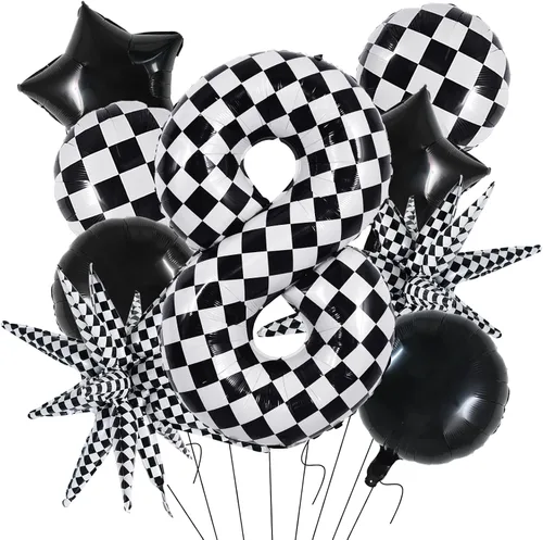 Miniatura 24 de TONIFUL 18 globos a cuadros blancos y negros, globos de carreras de 18 pulgadas para decoraciones de fiestas temáticas de autos de carreras rápidas