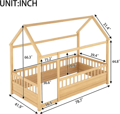 Miniatura 2 de Bellemave Cama individual para niños con marco de techo de casa y valla de seguridad, cama Montessori de madera, cama de perfil bajo para niños