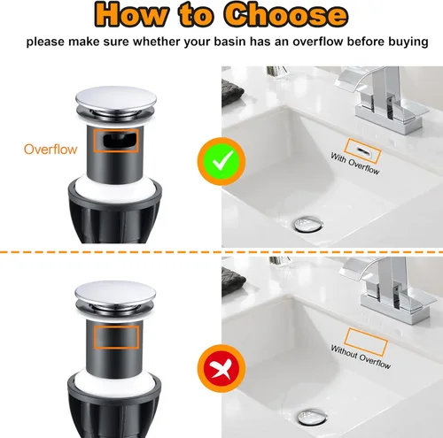 Miniatura 3 de TIORIY Desagüe Pop Up Cromado para Lavabo de Baño, con Rebosadero Tapón de Lavabo de Baño de Plástico para Grifo de Vasija, Montaje de Tocador