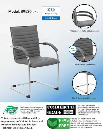 Miniatura 3 de Boss Office Products Boss Caressoftplus - Silla auxiliar de vinilo con marco cromado, (juego de 2), color gris