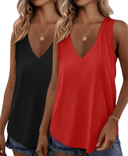 Miniatura 11 de KKJ Paquete de 2 camisetas sin mangas para mujer, cuello en V, camisetas de verano sin mangas, ajuste holgado, casual, trajes de vacaciones, camisas