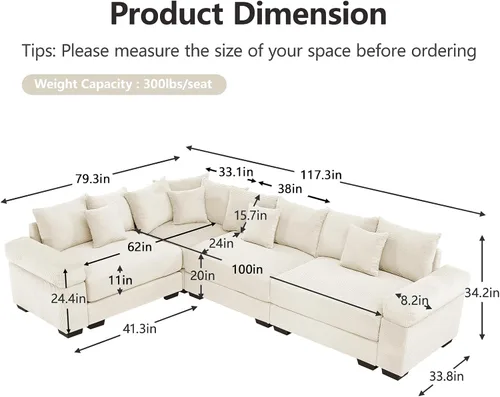 Miniatura 2 de Sofá modular de gran tamaño de 117.3 pulgadas, sofás modulares grandes de pana para sala de estar, sofás de 3 plazas, moderno juego de sofá de Blanco