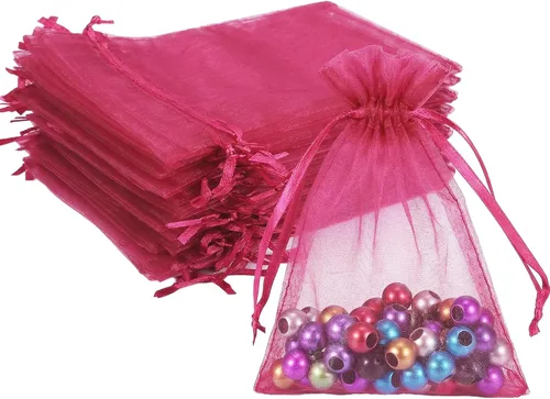 Miniatura 6 de Wudygirl 100 bolsas de organza rosa transparente de 5 x 7 pulgadas con cordón para joyería, bolsas para lápiz labial, baby shower, fiesta, boda