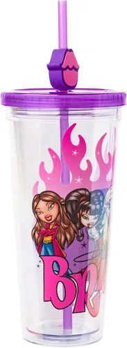 Miniatura 2 de Silver Buffalo Bratz Muñecas con Cloe, Yasmin, Jade y Sasha Llamas y Labios Completos Vaso Frío de Plástico con Tapa y Adorno de Pajita, 24 Onzas