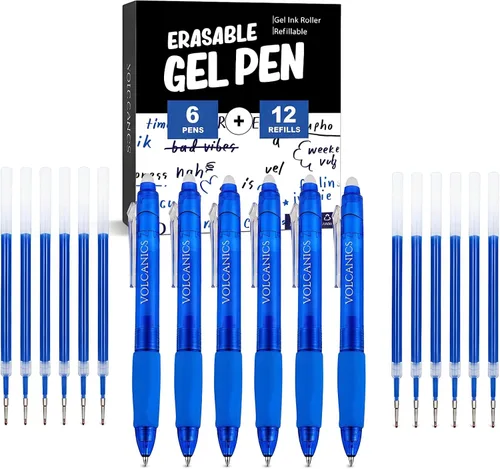 Miniatura 22 de Volcanics Bolígrafos de Gel Borrables Retráctiles Clicker - Punta de Bola de 0.7mm, Borrado por Calor con Borrador Integrado, Paquete de 12 Negro