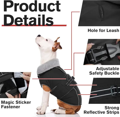 Miniatura 5 de Lelepet Abrigo Cálido para Perro Chaleco de Vellón Reflectante para Perro Chaqueta Impermeable Resistente al Viento Abrigos para Clima Frío de Negro